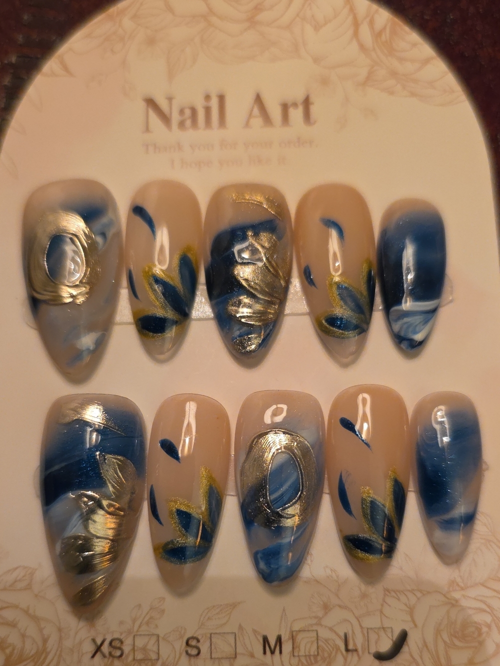 Blue and Gold Floral Press-On Nails - Nail Art Size Large